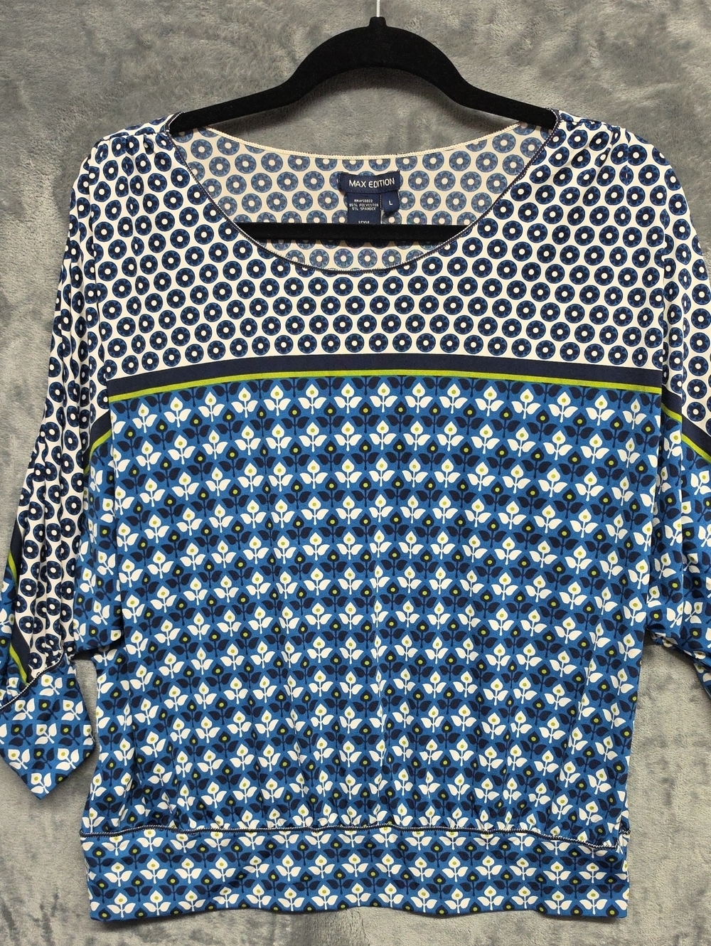 Max Edition Blue & Green Geometric Short Sleeve Top Sz LG